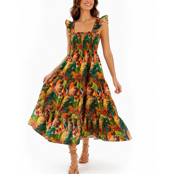 Anthropologie Dresses & Skirts - Anthropologie OPT Calypso Tropical Cotton Sundress Womens L Bold Floral Smocked